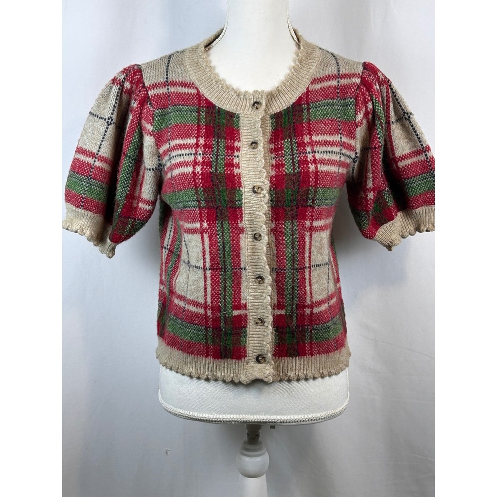 Entro Red Green Plaid Short Puff Sleeve Button Cardigan Sweater Scalloped Trim M